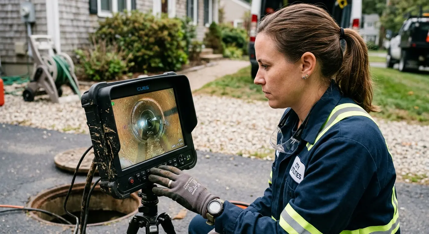 Technician reviewing sewer camera inspection footage in Starkville