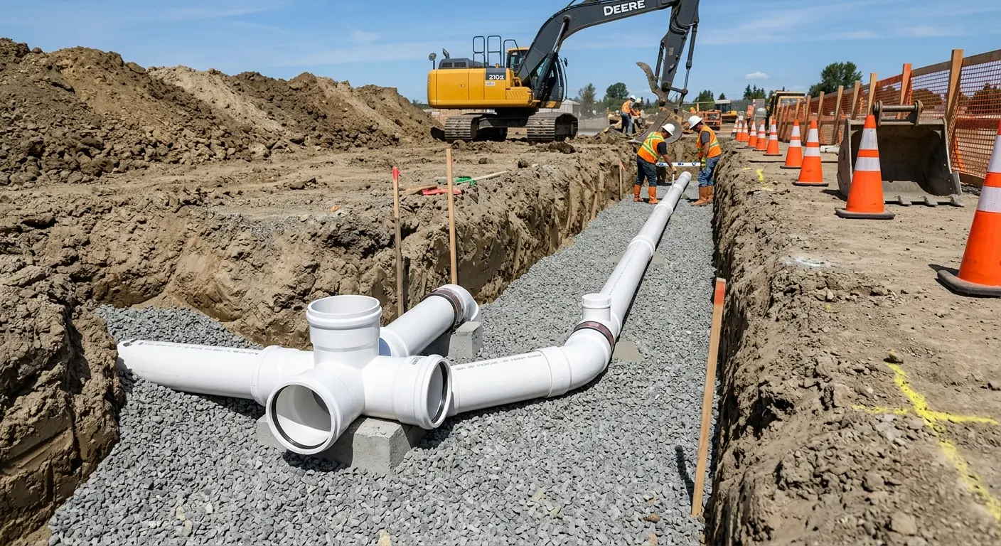 New PVC sewer pipe installation in open trench for Commercial Drain Cleaning in Starkville