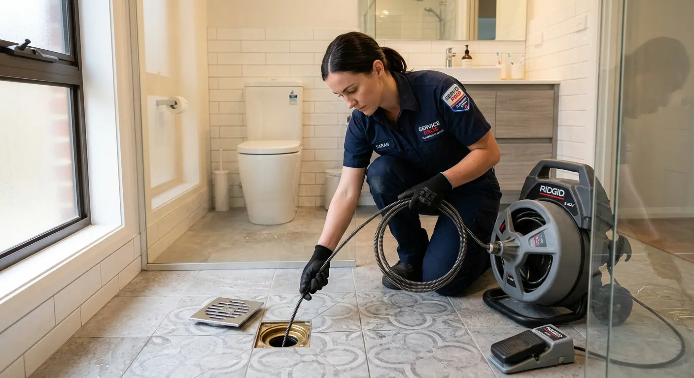 Technician clearing a bathroom floor drain for Hydro Jetting in Starkville